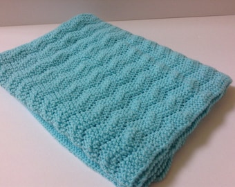 Hand knit mint blue baby blanket/machine washable hand knitted blue baby blanket/car seat baby blanket/stroller baby blanket/crib blanket