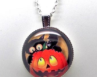 Halloween cat on a pumpkin necklace