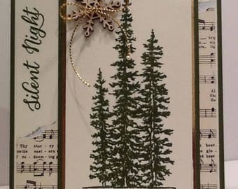 Elegant Silent Night Christmas Card - Holiday Card - Embellished Pine Tree Card with Wooden Snowflake - Hand Stamped Stampin Up Card