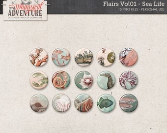 Flairs, Sea Life, Vintage Sea Creatures, Digital Flair Buttons, Digital Scrapbooking Embellishments, Instant Download, Seahorse, Coral, Fish