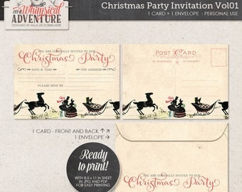 Christmas Party Invite Printable, Instant Download, Digital Collage Sheet, Victorian Carriage, Holiday Card, Xmas Postcard and Envelope