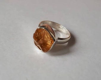 Raw, rough citrine ring set in 92.5 sterling silver, size 7.25, resizing available