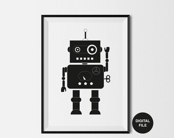 Robot Print, Instant Digital Download, A4/ A3 Sizes, Kids Printable Poster, Black & White Kids Art, Boys Bedroom Poster, Monochrome Nursery