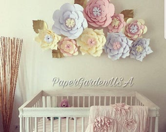 Large Paper Flowers , Wall decor , Event Decor, set of 9 flowers, Customize size, style ,colors!!!