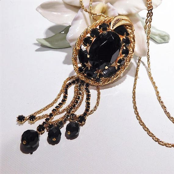 Mid Century Rhinestone Necklace / Rhinestone Tassel Necklace / 1960s Fashion Jewelry / Autumn Fall Wedding Necklace / Classic Black Gold