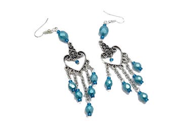 Earrings hippie chic blue, silver plated brass, Czech glass