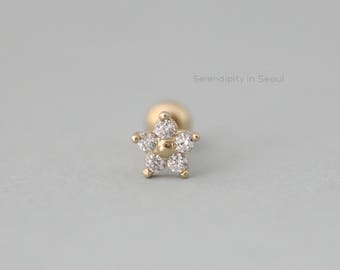 10k flower cartilage earring, 10k gold flower helix piercing, 16g helix earring, 10k flower cartilage piercing