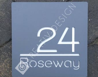 Modern Floating House Number Door Sign Large Square 20cm x 20cm Original and Unique Laser Cut Bespoke/Customised with Road/|House Name