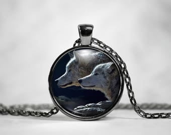 Wolf Necklace Wolf Pendant - Two Stunning Wolves in their wild environment. Wolf Profile Portrait of Two Wolves in the Wild Necklace