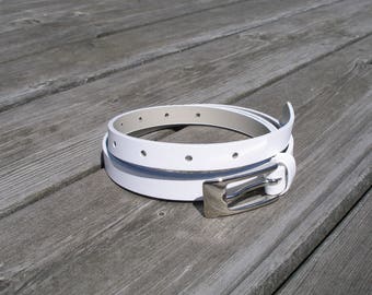 leather belt, women leather belt, white thin belt, narrow belt, skinny belt, belt for women, leather jeans belt, silver buckle, white belt