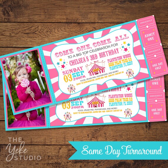 Pink Vintage Circus Carnival Photo Invitation | Ticket Invitation | Carnival Birthday Party | Circus Carnival Party | Print Yourself Il_570xn