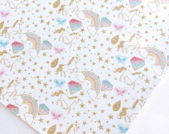 Unicorn and Rainbows Faux Leather | Printed Faux Leather | Unicorn Leather | Unicorn Rainbow Fabric | Leatherette | Unicorn Print Fabric