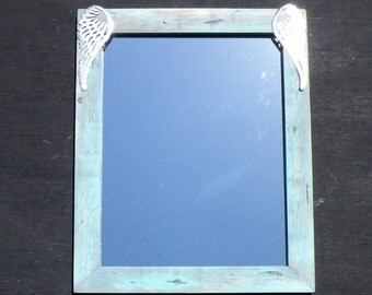 Angel Wing Vintage Aqua Gray Mirror, Rustic Faded Aqua Blue Mirror, Distressed Pine Wood Handmade Mirror, Angel Wing Wall Decor Mirror Frame