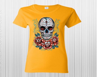 Skull Shirts, Sugar Skull Red Roses Shirt, Day Of The Dead Shirt, Frida Kahlo Shirt, Sugar Skull Shirt, Skeleton Shirt Women's