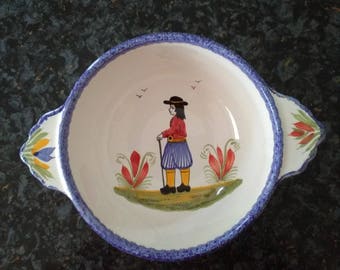 Henriot Quimper Hand Painted Lug Handled Bowl.
