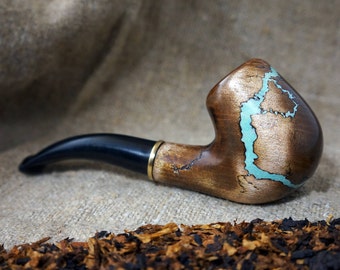 Smoking pipe "Lightning" with Turquoise -Tobacco smoking pipe-Tobacciana pipe -Exclusive Wood Pipe -Smoking bowl - Wood carved smoking pipes