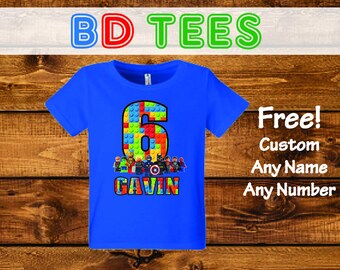 salesale LEGO Avengers Custom Birthday T-Shirt, Custom Name and Number 1st 2nd 3rd 4th 5th 6th 7th Birthday lego birthday shirt.