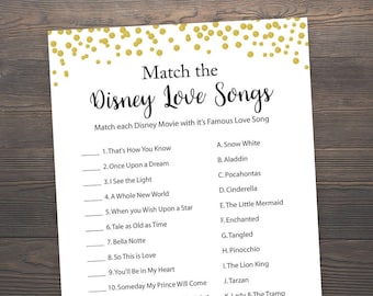 Disney Love Songs, Bridal Shower Games, Love Song Game, Disney Bridal Shower Games, Gold Confetti, Bachelorette Games, Romantic Quotes, GCB3