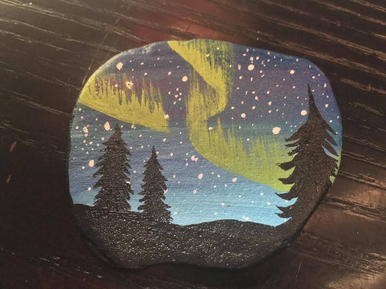 Northern Lights Canada hand painted rock art gift unique