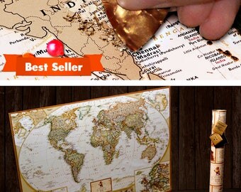 Push pin World Map scratch off - wall art poster - large map 34.6" x 24.8".
