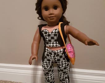 3 piece, American girl doll clothes, 18 inch two tone hound tooth outfit includes matching sweet heart crop top ,pants and skirt.