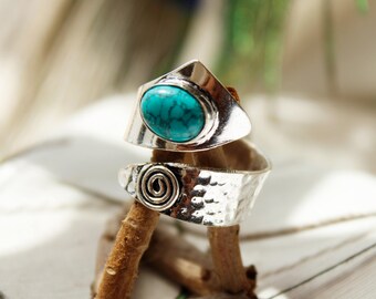 Turquoise Wrap Ring Silver Twisted Ring Tumb ring Natural stone Spoon ring Hammered Festival ring Boho stone ring December birthstone ring