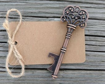 25+ Skeleton Key Bottle Openers, Wedding Favor, Rustic Steampunk Wedding Decor, Victorian Key, Bronze key bottle opener, FREE Twine & Tags!!
