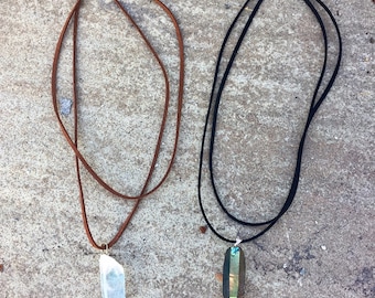 Angel Aura Quartz Crystal Point Pendant / Vegan Faux Suede necklace / Rainbow, Opal, Pearl / Essential Oil Diffuser Jewelry / Choker