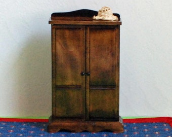 Dollhouse walnut armoire - two working doors - shelves and clothes rod - miniature bedroom - vintage wardrobe - Victorian room box decor