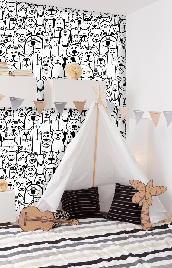 Removable Nursery Wallpaper Peel & Stick Dogs and Cats