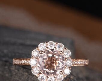 Floral Ring Antique Engagement Ring Rose Gold Morganite Wedding Bridal Ring Moissanite Halo Diamond Pave Half Eternity Flower Anniversary