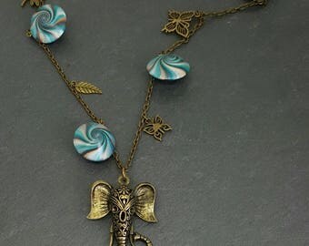 Necklace polymer clay beads swirl and bronze charms