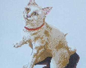Cat & butterfly FINISHED cross stitch 12x14.6 in