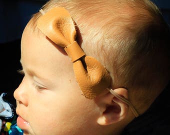 Large Leather Bow with Natural Colored Headband - Baby Gift - Baby Girl -Baby Shower - Girls Bow - Girls Headbands - Girls Gift