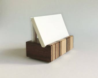 Wood Business Card Holder - Business Card Stand - Business Card Display - Metal and Wood - Striped Pattern
