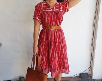Vintage Red Indian Gauze Dress, Free Fit Style