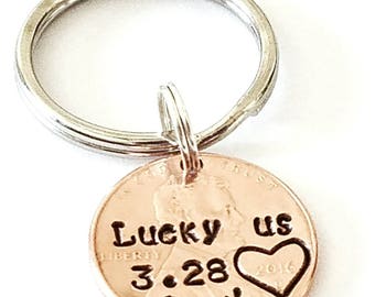 Lucky Us Personalized Penny, Penny Keychain, Hand Stamped Penny, 1 yr 7 yr Anniversary, Anniversary Gift, Gift for him, Husband Anniversary