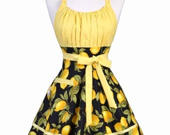 Flirty Chic Apron - Black and Yellow Farmers Market Lemons Womens Sexy Retro Vintage Pinup Kitchen Cooking Woman Apron with Pocket (DP)