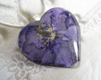 Purple Larkspur Pressed Flower Glass Heart Pendant-July's Birth Flower-Nature's Art-Gifts Under 25-Symbolizes An Open Heart