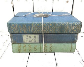 Vintage Books, Blue and Green Books, Old Blue Books, Decor Books, Antique Books, Home Office Decor, Instant Library, Shabby Cottage Chic