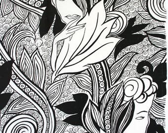 Yardage of graphic mid century fabric. Cohama Californians. Figurative, artistic fabric, black white fabric, femme fatale, scrolls, feminine