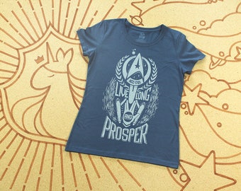 Women's Star Trek T-Shirt // Live Long and Prosper Spock shirt in Vintage Blue with silver ink // Available In Plus Size