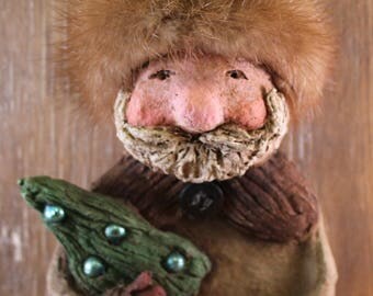 Folk Art Russian Santa Claus, HANDMADE from papier mache, OOAK, fur hat, Christmas tree with vintage Christmas bulbs