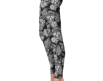 Sugar Skull Leggings, Capris or Yoga Pants • Black • You Can Request Custom Color