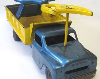 Structo Sit-N-Ride Vintage Metal Toy Truck, 1960s Blue Yellow Toy Dump Truck