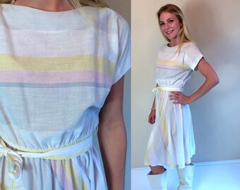 vtg 70s pink+gray STRIPED beachy SUN DRESS belted Medium/Large pastel boho hippie retro dolly full skirt