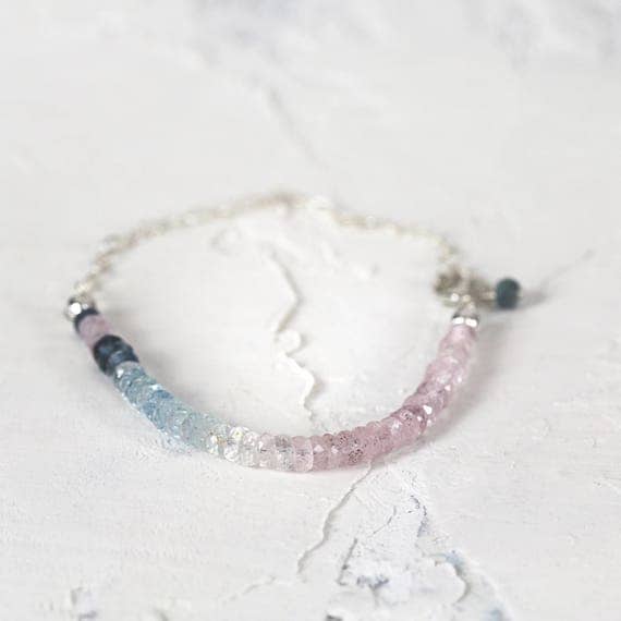 Ombre Aquamarine Bracelet - Multi Color Bracelet - Aquamarine Jewelry - March Birthstone - Pink and Blue Bracelet - Gemstone Bracelet