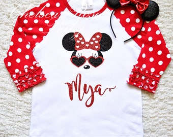 Glitter Minnie Mouse Shirt, Minnie Disneyland Shirt, Mickey or Minnie Birthday shirt, Red Glitter Minnie Mouse, Red Minnie Mouse Hair bow