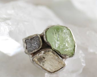 20% OFF SALE peridot ring, diamond ring, sunstone ring, recycled silver, statement ring, oregon sunstone, raw gemstone