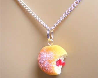 Food Jewelry, Jelly Donut Necklace, Jam Doughnut Necklace, Donut Pendant, Miniature Food, Mini Food, Do Nut Necklace, Kawaii Necklace, Sugar